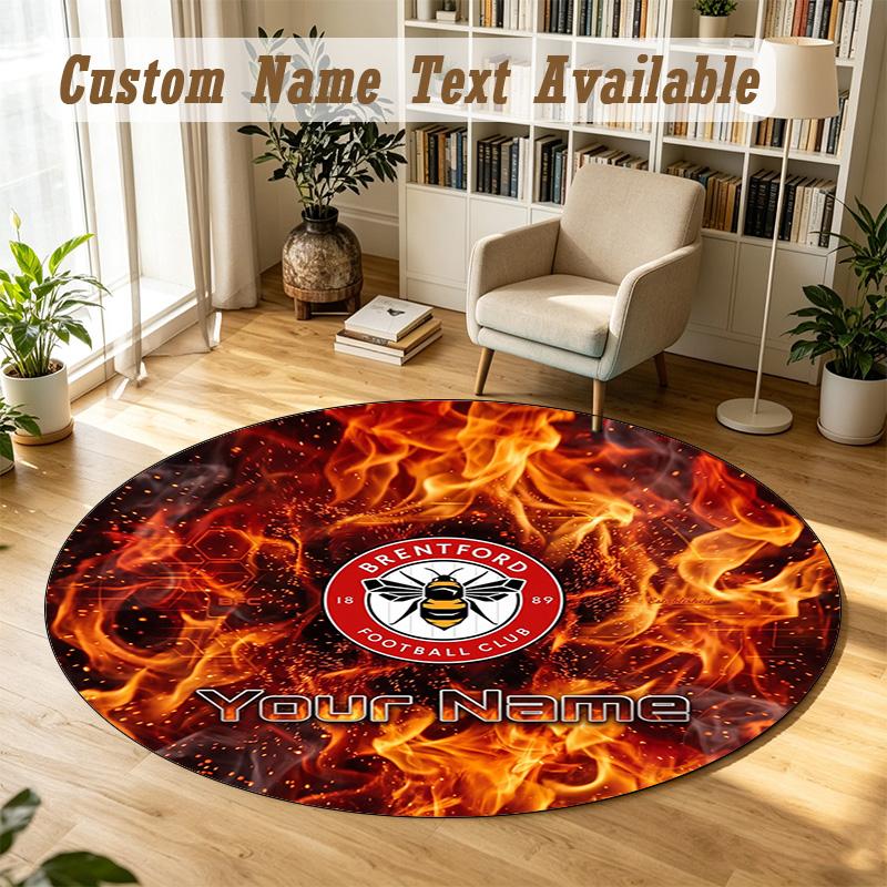 Round Rug Custom NameBrentford Football Pattern Non Slip Carpet Home Floor Decor