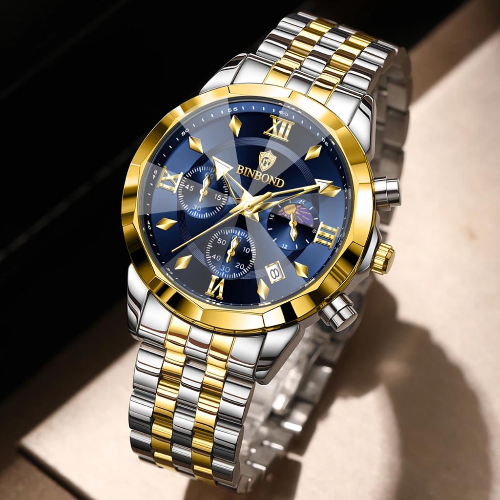 BINBOND Luxury Men's Watches Date Chronograph Stainless Steel Quartz Watch Waterproof Luminous Fashion Man Wristwatch