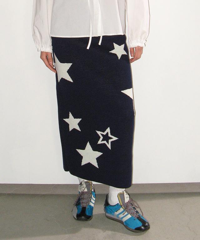 Ronron Star Pattern Banding Knit Long Skirt Navy