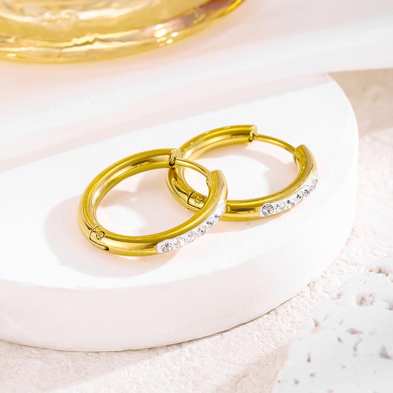 European and American 18K Gold Titanium Steel Earrings with Cubic Zirconia - Women's Electroplated Round Coil Ear Studs