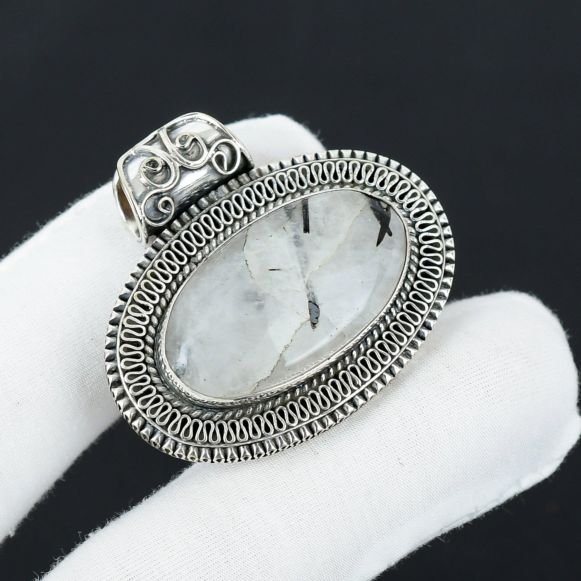 

Серебряный кулон с натуральным черным рутиловым драгоценным камнем из стерлингового серебра 925 пробы — дизайн ручной работы, повседневные украшения, антикварные кулоны в подарок для нее 2.36 чёрный