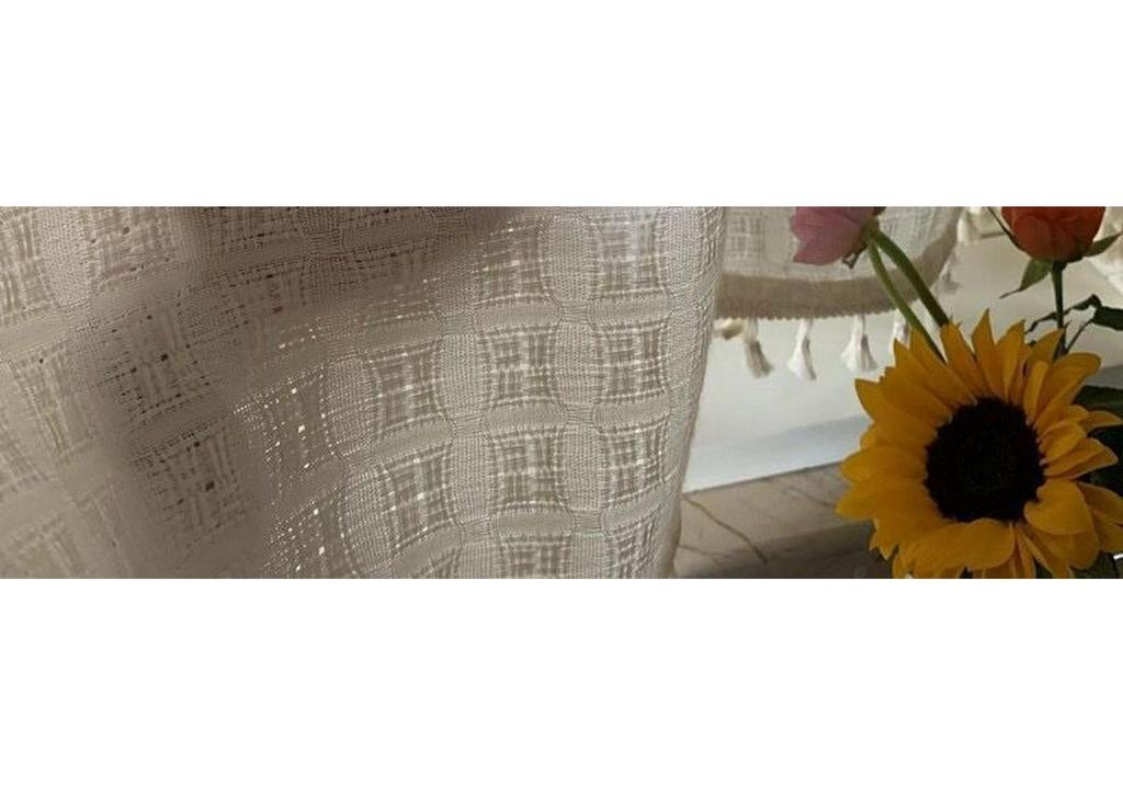 Sheer Plaid Bay Window Curtains, Chajiji Style, Tassel, Non-See-Through, No-Punch Magic Sticker, Ideal for Balcony or Living Room.