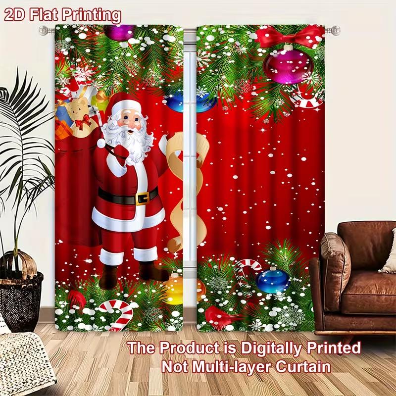 2D Christmas Winter Wonderland Backdrop Rustic Curtain with Xmas Tree, Santa Claus, Snow, and Moon Night Curtain Winter Holiday