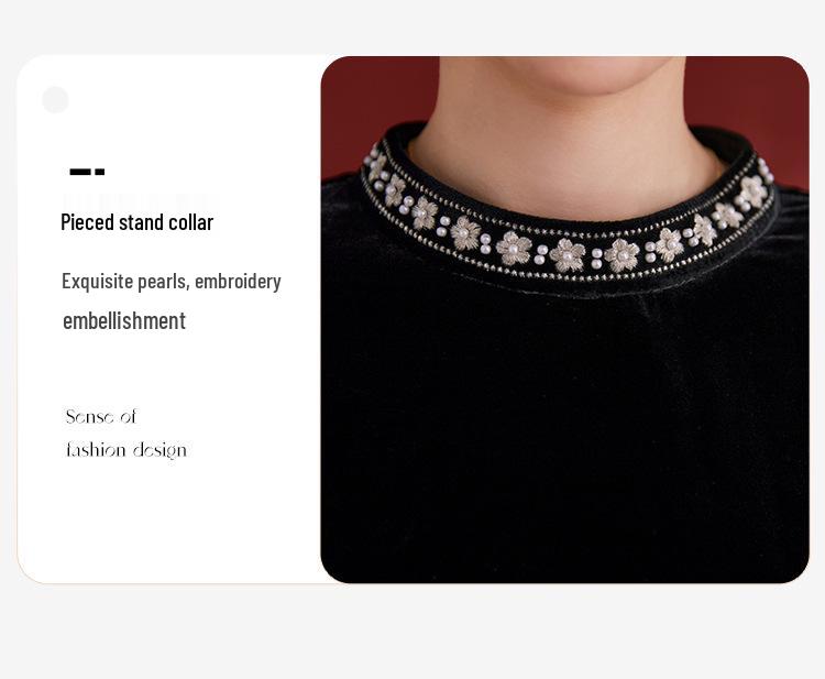 Festive Velvet Silk Dress: Round Neck, Solid Color, Mid-Length Skirt for Women 1983