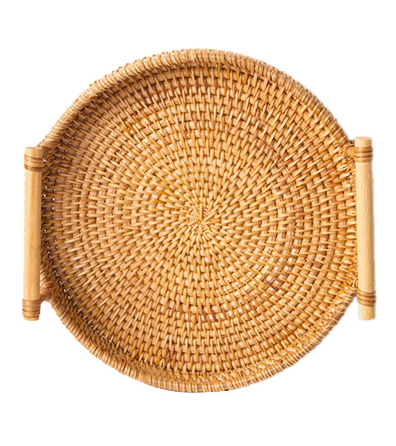 Hand Woven Round Rattan Serving Tray Bread Fruit Dessert Snack Basket with Handles Diameter 28cm Height 4cm