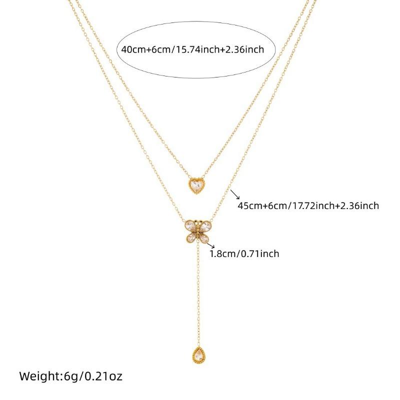 Gold Plated Double Layer Necklace with Heart Clover CZ Pendants, Dainty Adjustable Cable Chain for Women, Elegant Daily Jewelry