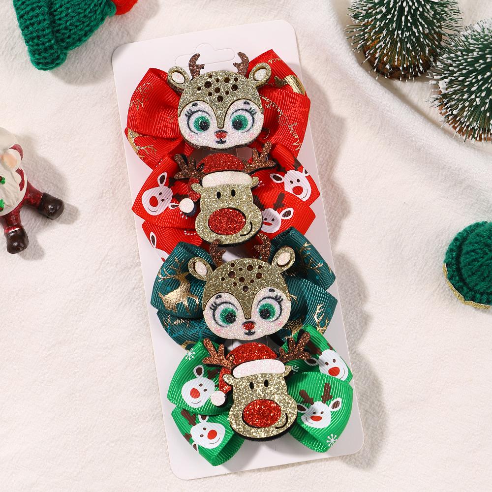 4pcs Christmas Hair Bow Clips for Baby Girls DIY Glitter X'mas Santa Elk Bowknot Hairpin Cute Kid Headwear Hair Accessories