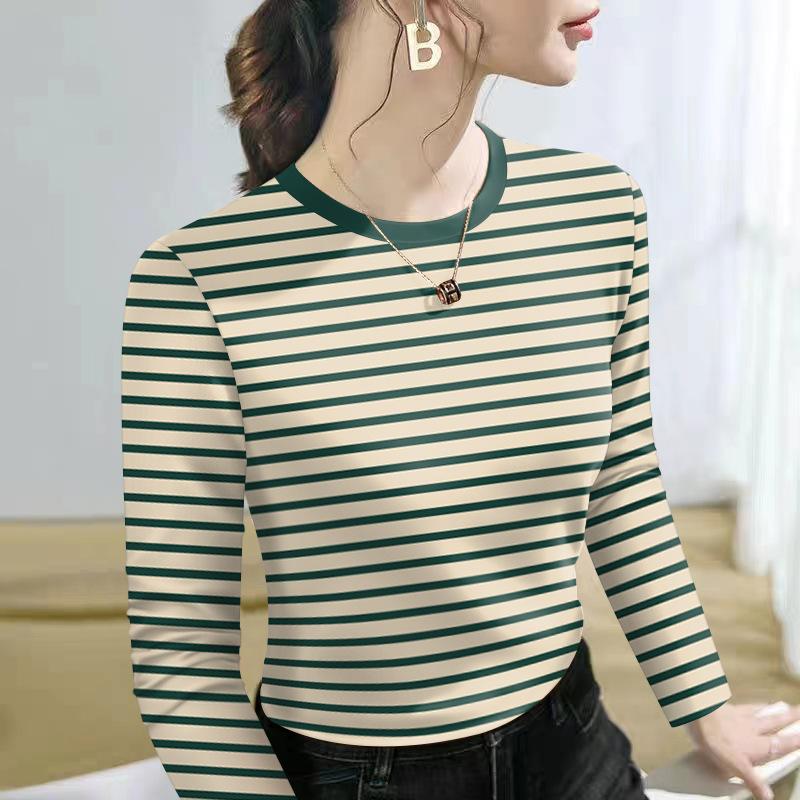Women's Round Neck Long Sleeve Loose Fit Top Casual Striped Layered T-Shirt