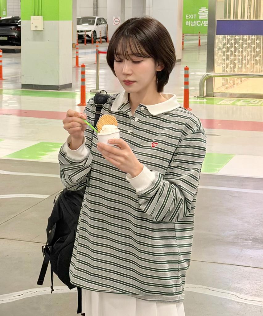 Maseumaluljeueopaeleol Multi Strip Collar Long Sleeve_Melange Gray