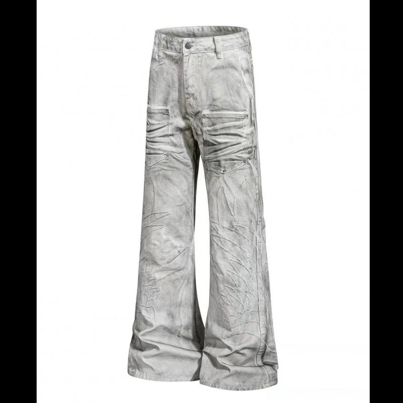 Jeans in Denim Delavé Con Ali d'Angelo Ricamate Vestibilità Larga Svasati Dettaglio Borchie Streetwear Adolescenti