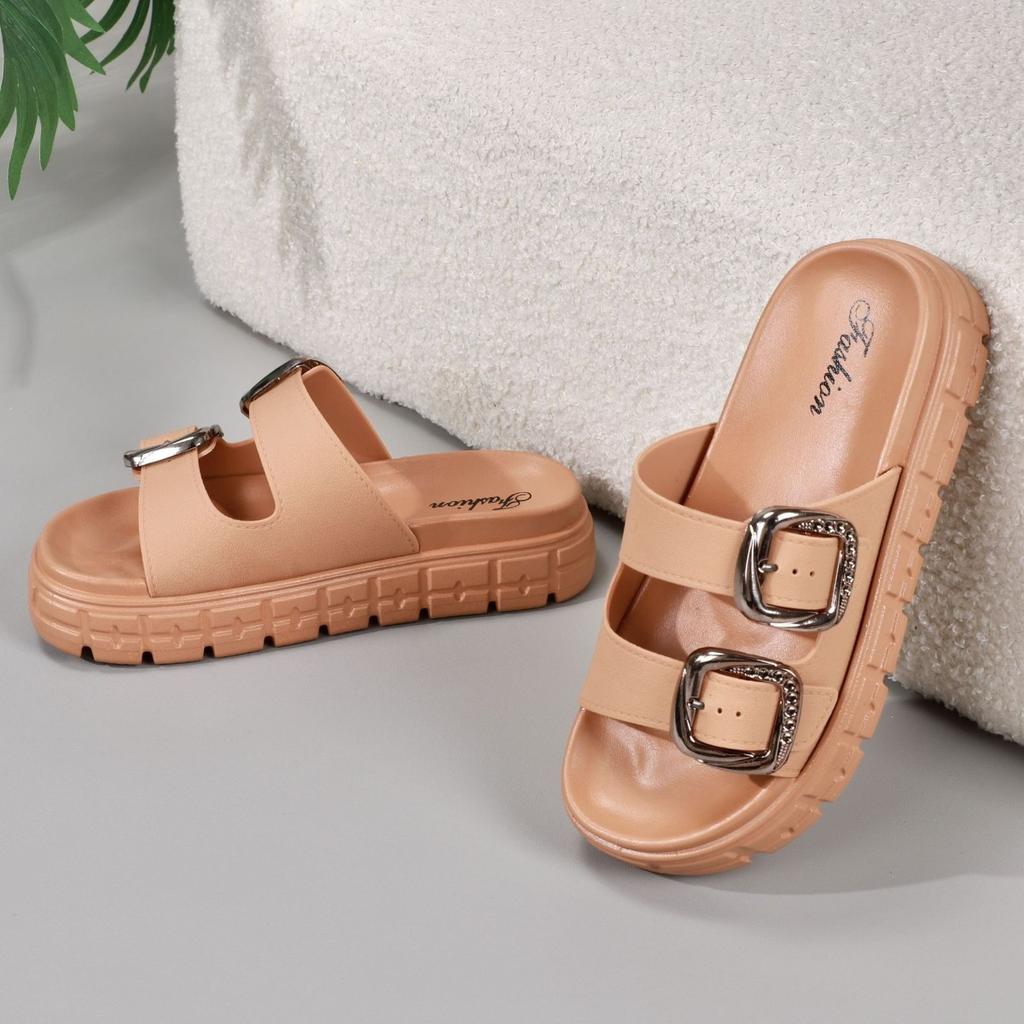 Sommer Dicke Sohle Hausschuhe,Damen Mode Schnalle Flache Sandalen,Runde Zehe Offene Zehe Strandschuhe