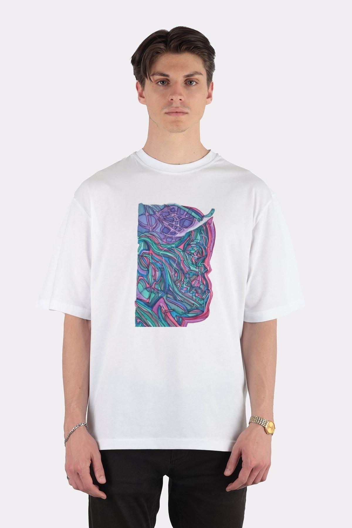 

Unisex Beyaz Oversize T-shirt Psihodelic Skull