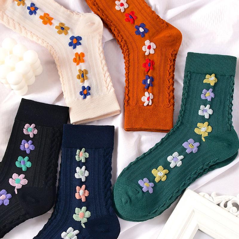 3/5pcs Spring Autumn Japanese Harajuku Woman Socks Cotton with Flowers Funny Socks Women Korean Style Kawaii Girls Calcetines Mujer