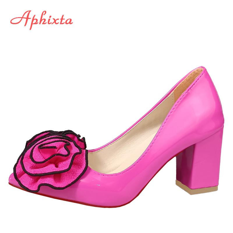 Fashion Aphixta Fashion Hot Sale Big Rose Flowers 7cm Chunky Heels Pumps Women Shoes Pointed Toe Appliques Pumps Super Big Size 35-53
