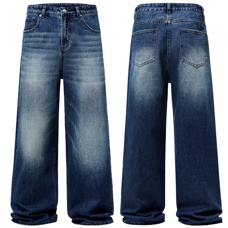 Spring Autumn Men's Vintage Distressed Baggy Straight Jeans High Street Denim Pants Streetwear Male Trousers