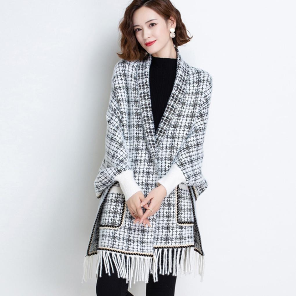 Cashmere Women's Tweed Pocket Cardigan Shawl Knit Cape