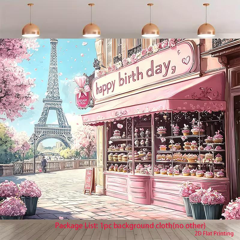 

2D Paris Eiffel Tower Happy Birthday Backdrop Pink Bakery Shop Party Photo Background 47.2x31.5inch/120*80cm