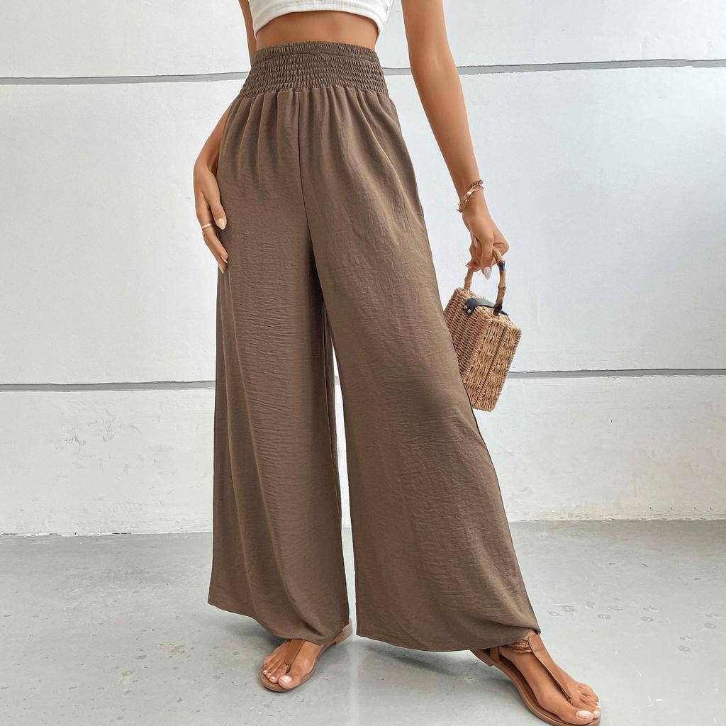 High-waist Casual Simple Solid Color Elastic Waist Loose Wide-leg Pants