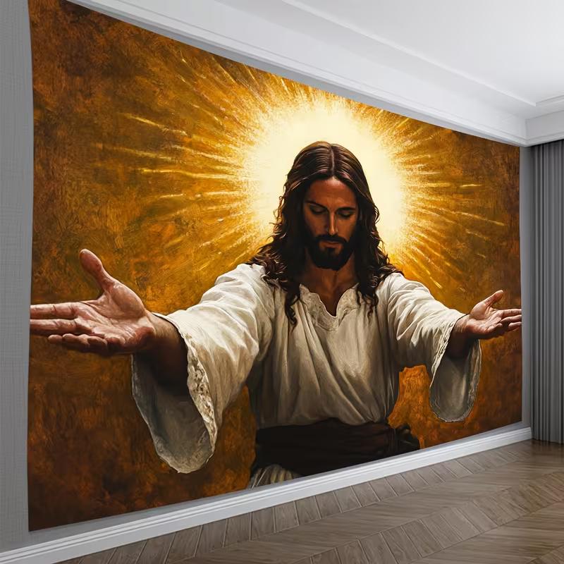 

2D Jesus Open Arms Backdrop, Christ with Radiant Halo Photography Background, Christian Religious Banner 47.2x31.5inch/120*80cm