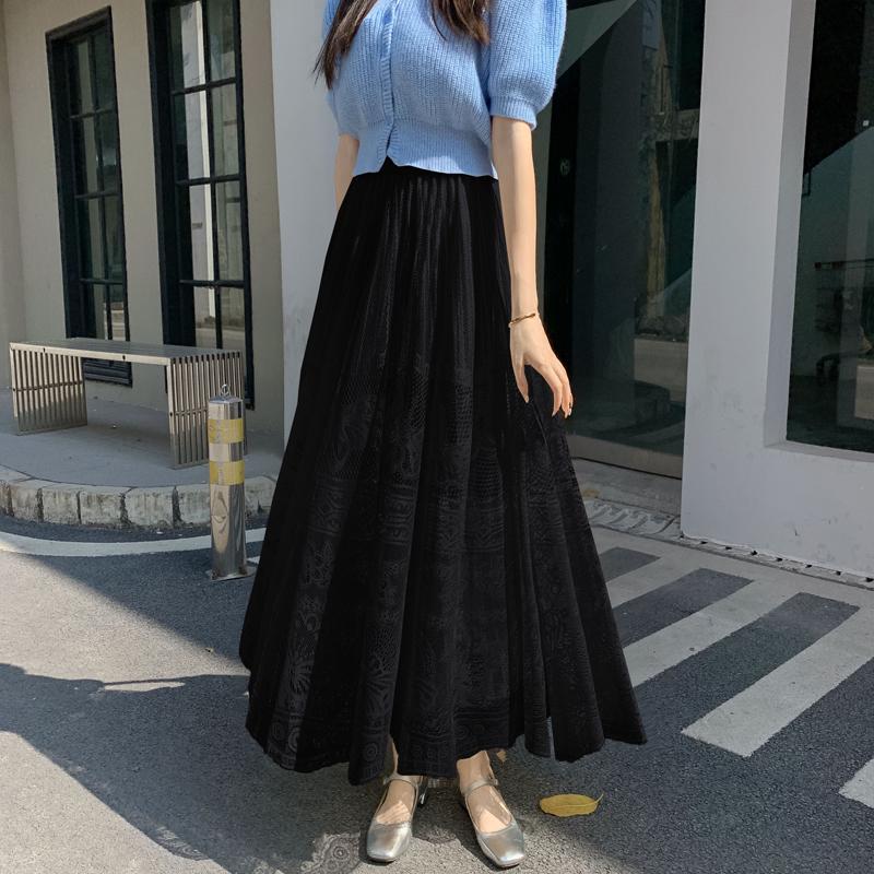 Women's Double-Sided Lace A-Line Pleated Long Flare Skirt for Autumn
