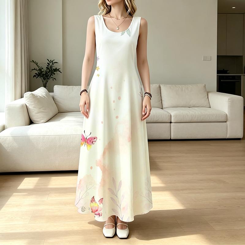 Summer Beach Maxi Dress Sleeveless Lightweight Flowy Fresh Watercolor Style,Versatile for Vacation,Daily Outings,Casual Gatherings & Beach Walks