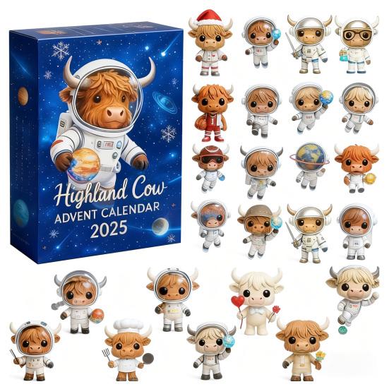 Astronaut Highland Cow Advent Calendar 24 Days Acrylic Ornament Box with Space Themed Surprises Christmas Countdown Decor for Kids