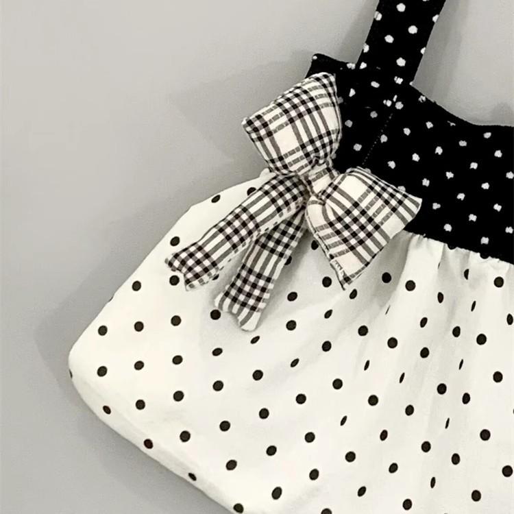 Niche design black and white polka dot canvas bag women's lazy style ancient commuting shoulder bag bow handbag
