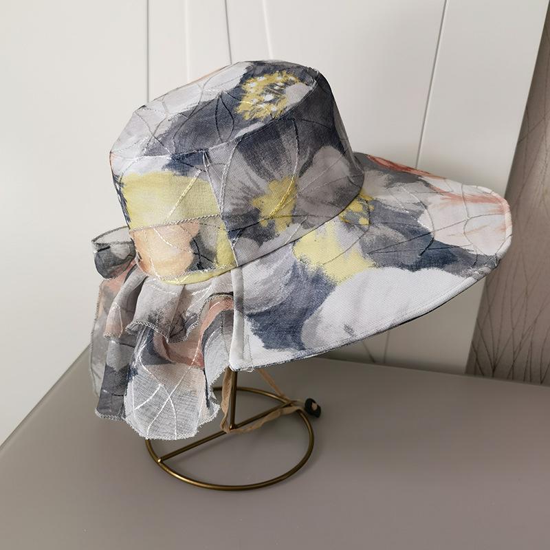 Flower cloth women's tea picking hat bow tail cotton and linen sun hat printed sun hat