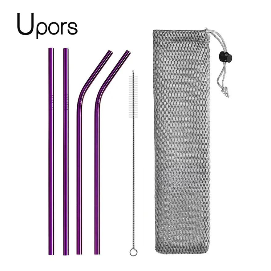 UPORS Reusable Drinking Straw 304 Stainless Steel Straws Straight Bent Metal Straw with Cleaner Brush Pouch