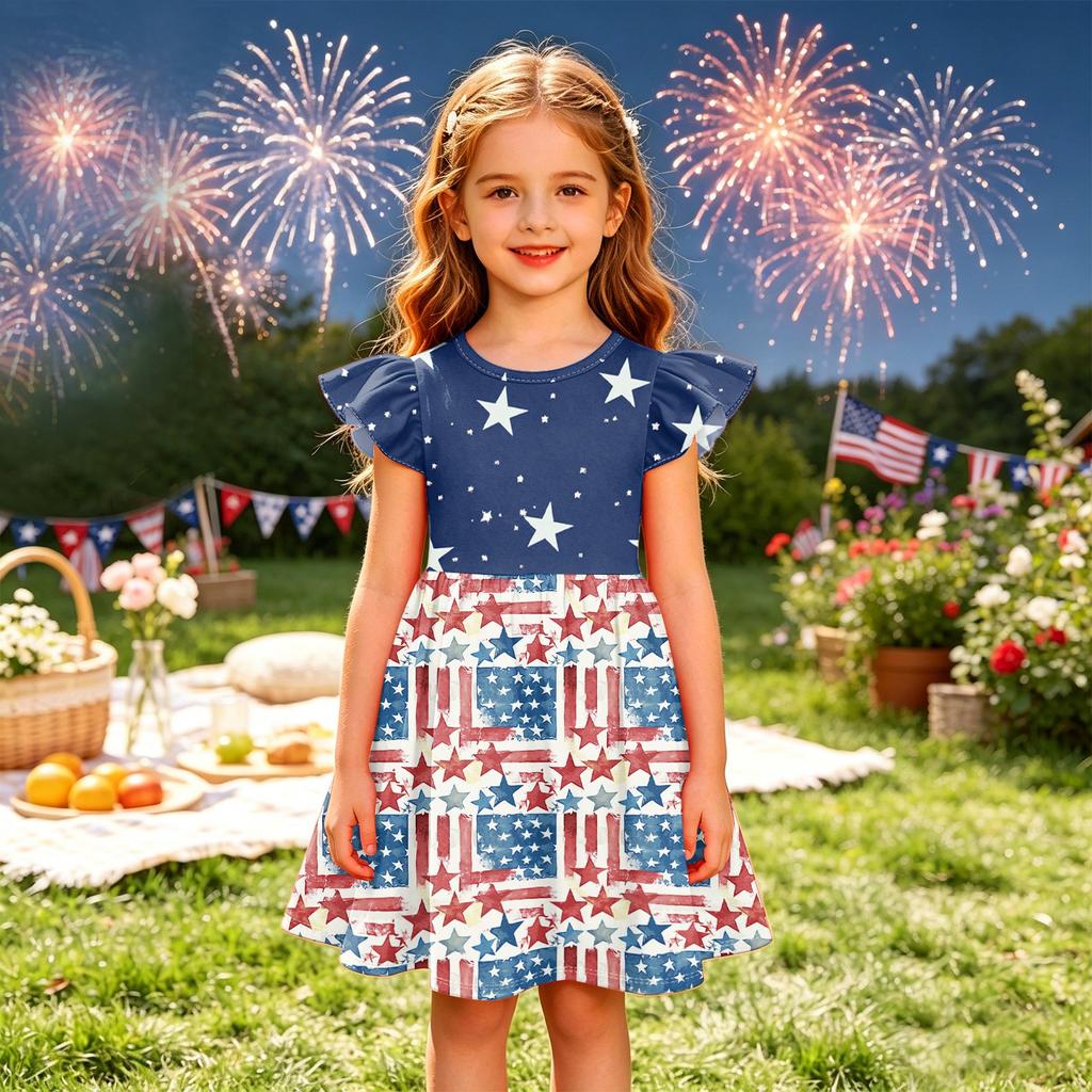 Meisjes Jurk met Ruches Mouwen Onafhankelijkheidsdag Genaaid Sterrenprint Casual Feestjurk Lichtgewicht Zachte Stof Zomerjurk voor Kinderen