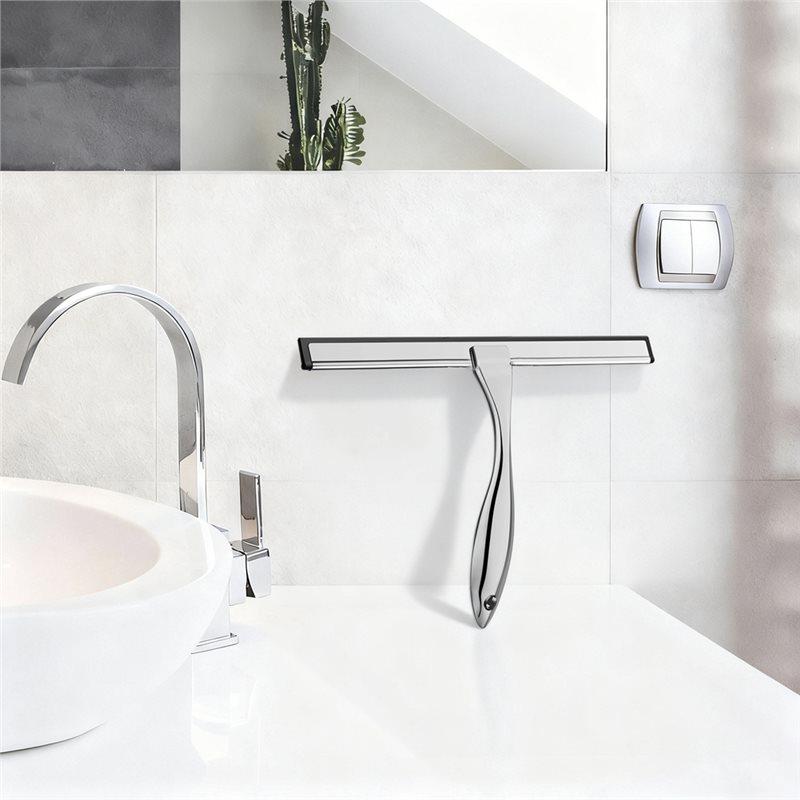 A25F-All-Purpose Stainless Steel Shower Squeegee For Glass Doors With 2 Adhesive Hooks, Streak Free Silicone Blade