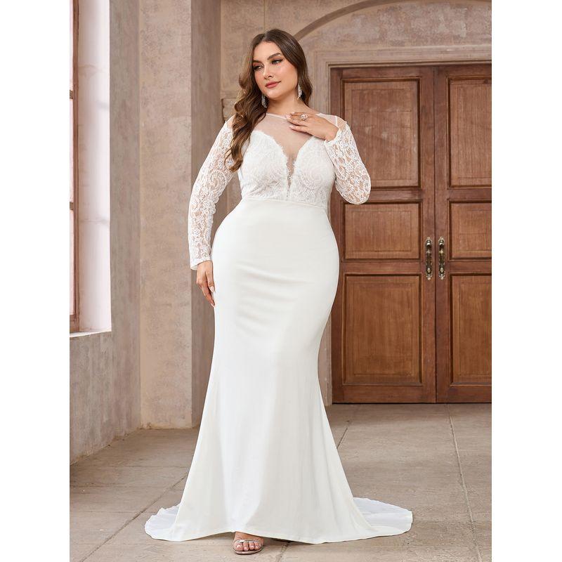 

Платье большого размера Формальное платье Европейское и американское Ближний Восток Длинный рукав Кружево Со шлейфом Белое Свадебное Банкетное Длинное платье Осень и Зима White XXL