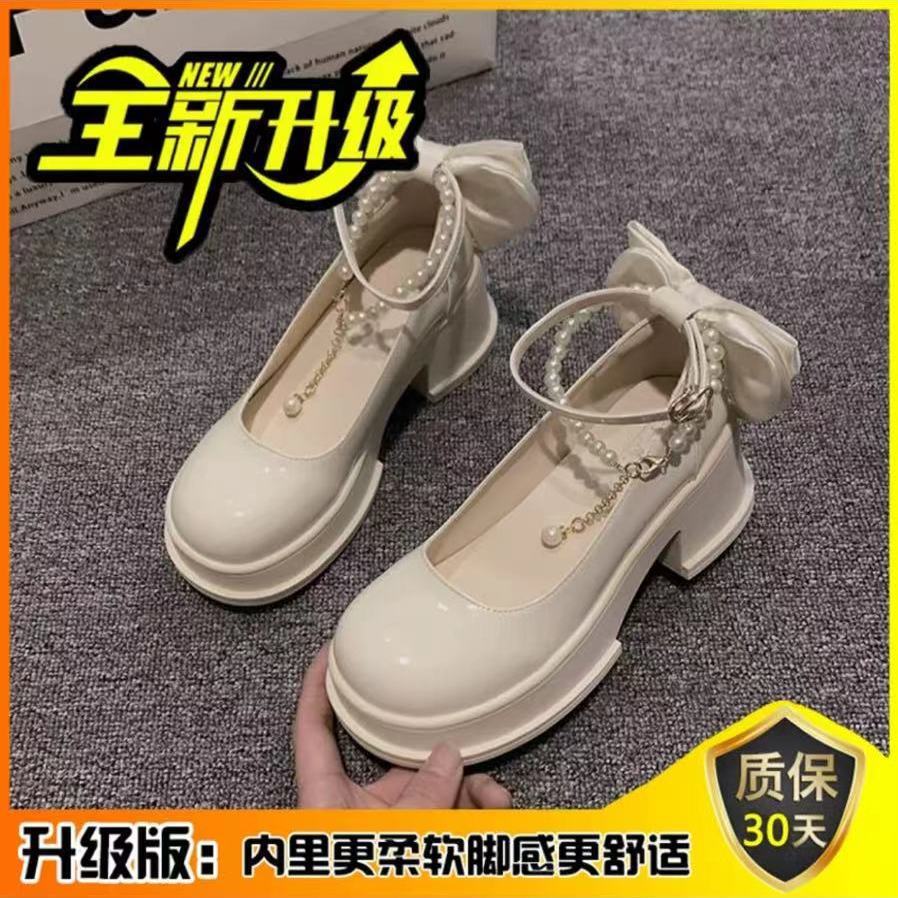 Single shoes women's 2025 spring and autumn new bow French high heels thick heel Mary Jane shoes platform small leather shoes