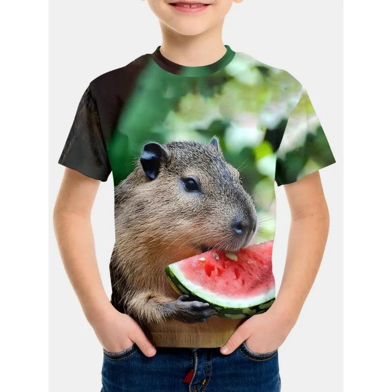 

Новая футболка с коротким рукавом с животными, милый принт с капибарой, быстросохнущая футболка с круглым вырезом, повседневная мультяшная футболка для детей 150