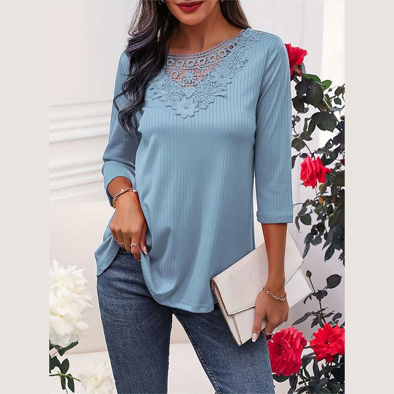 

Жіночий літній елегантний вільний топ з довгими рукавами з мереживом і подолом у стилі печворк XXL синій