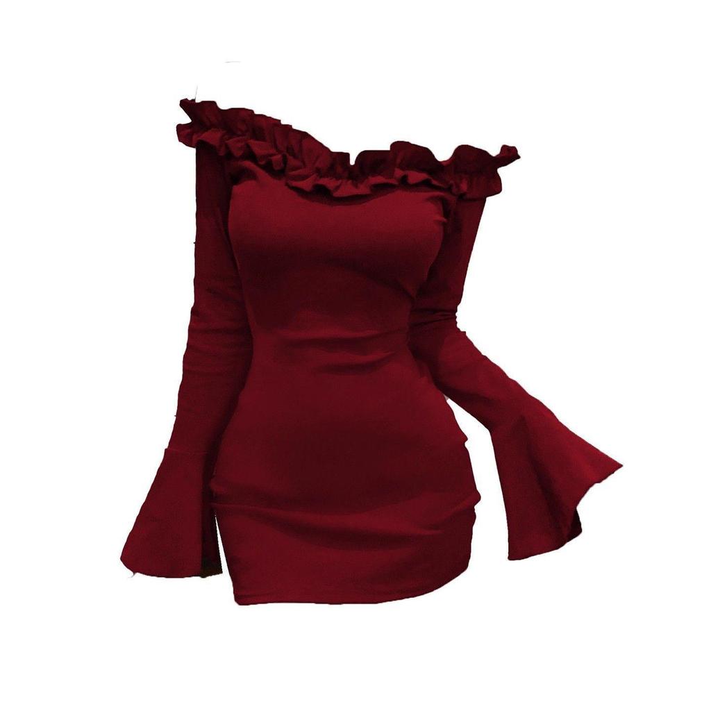 2025 Lace Bodycon One-Shoulder Dress with Bell Sleeves