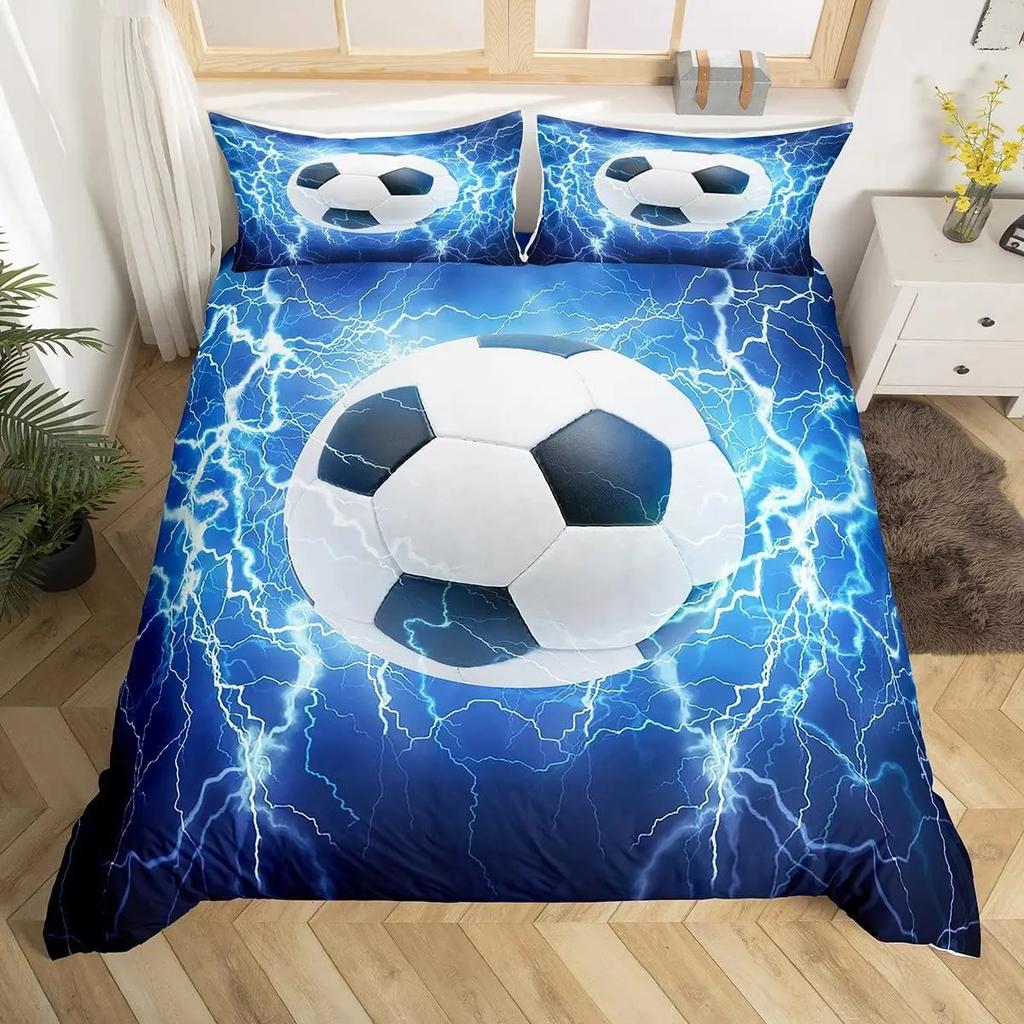 Fußball Bettbezug Set King Queen Full Size Fußballmuster Polyester Bettdeckenbezug für Kinder Jugendliche Fußballliebhaber Bettwäscheset