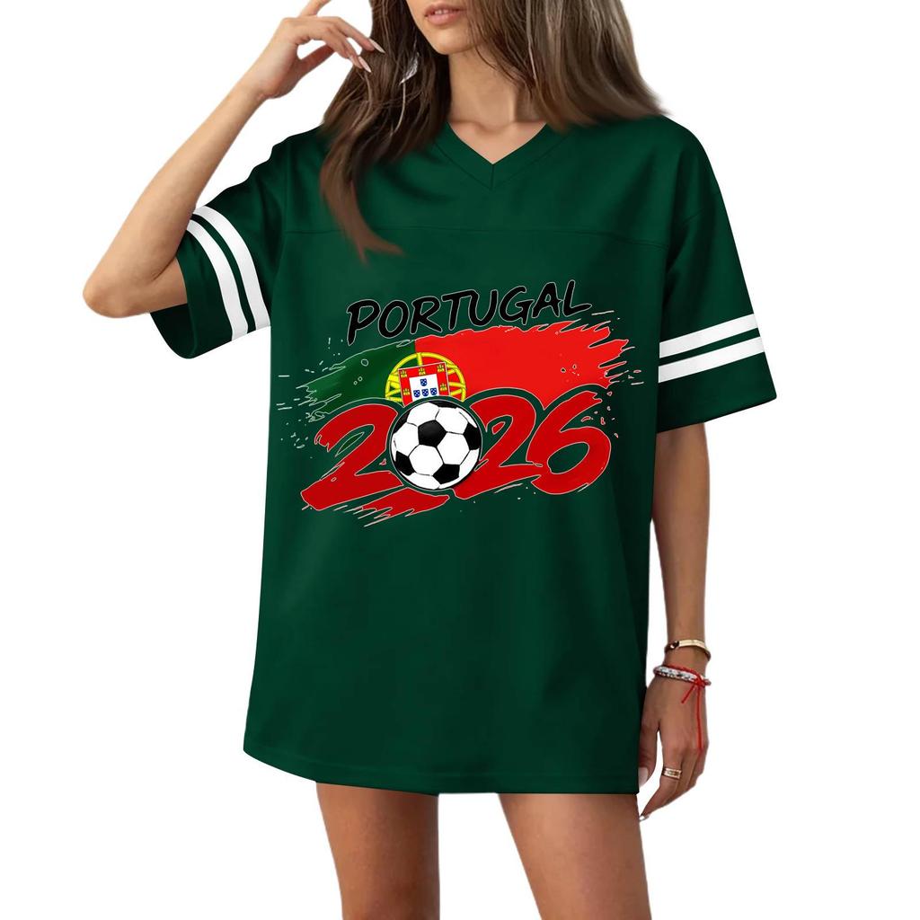 Women's Casual V Neck Short Sleeve Football Jersey Top with Flag Print and 2026 Soccer Graphic for Sports and Wear