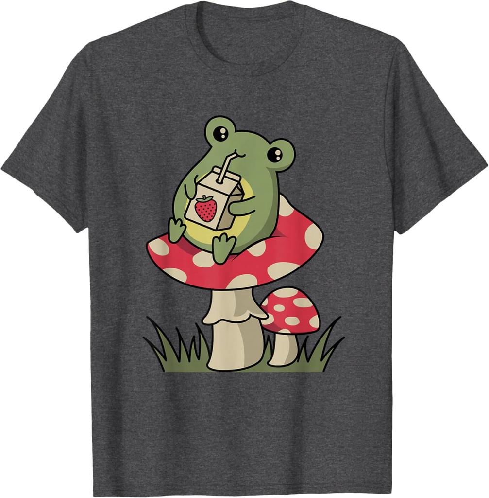 Cottagecore Frog Drinking Strawberry Milk Mushroom Graphic Tee Soft Casual Cotton T-Shirt for Unisex