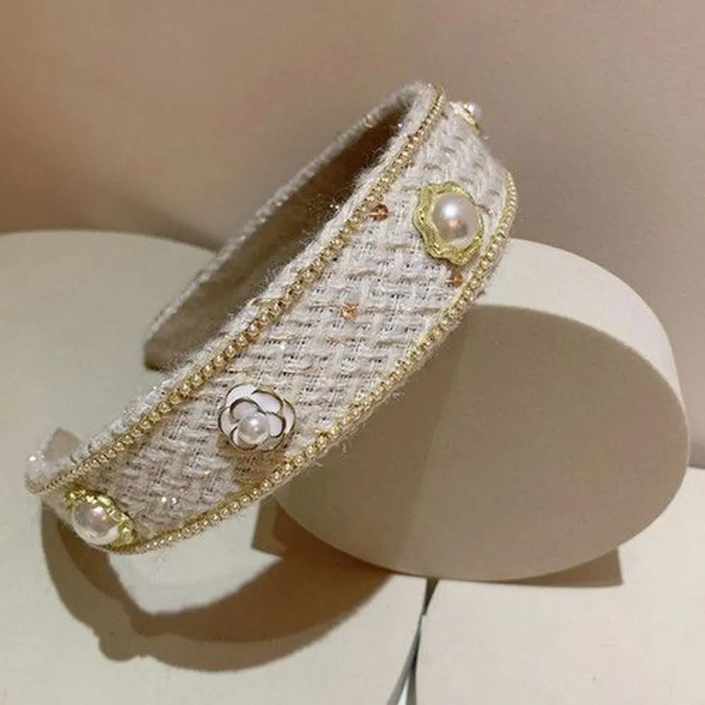 Camellia Pearl Flower Check Classic Tweed Hair Band