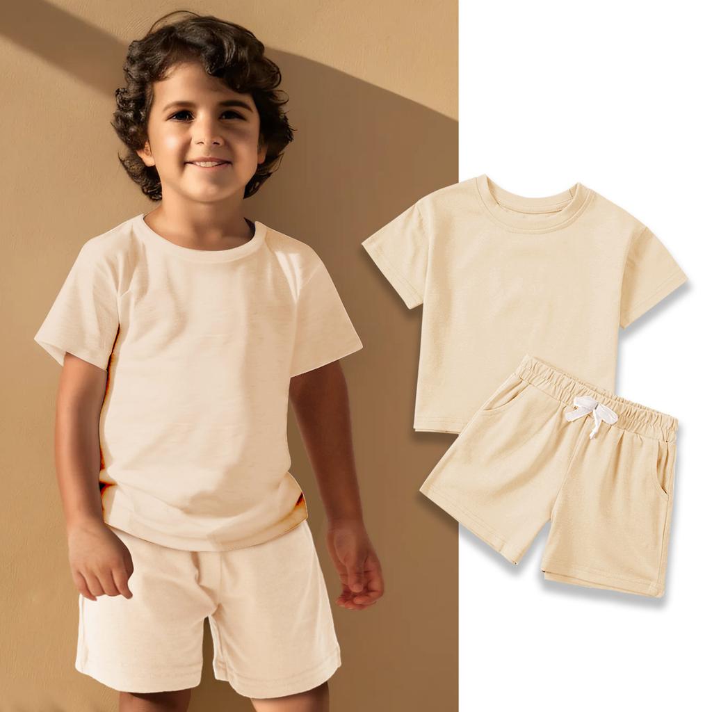 Boys and Girls Cotton Short Sleeve Shorts Solid Color Leisure Set 2025 Summer Children's Fashion Set