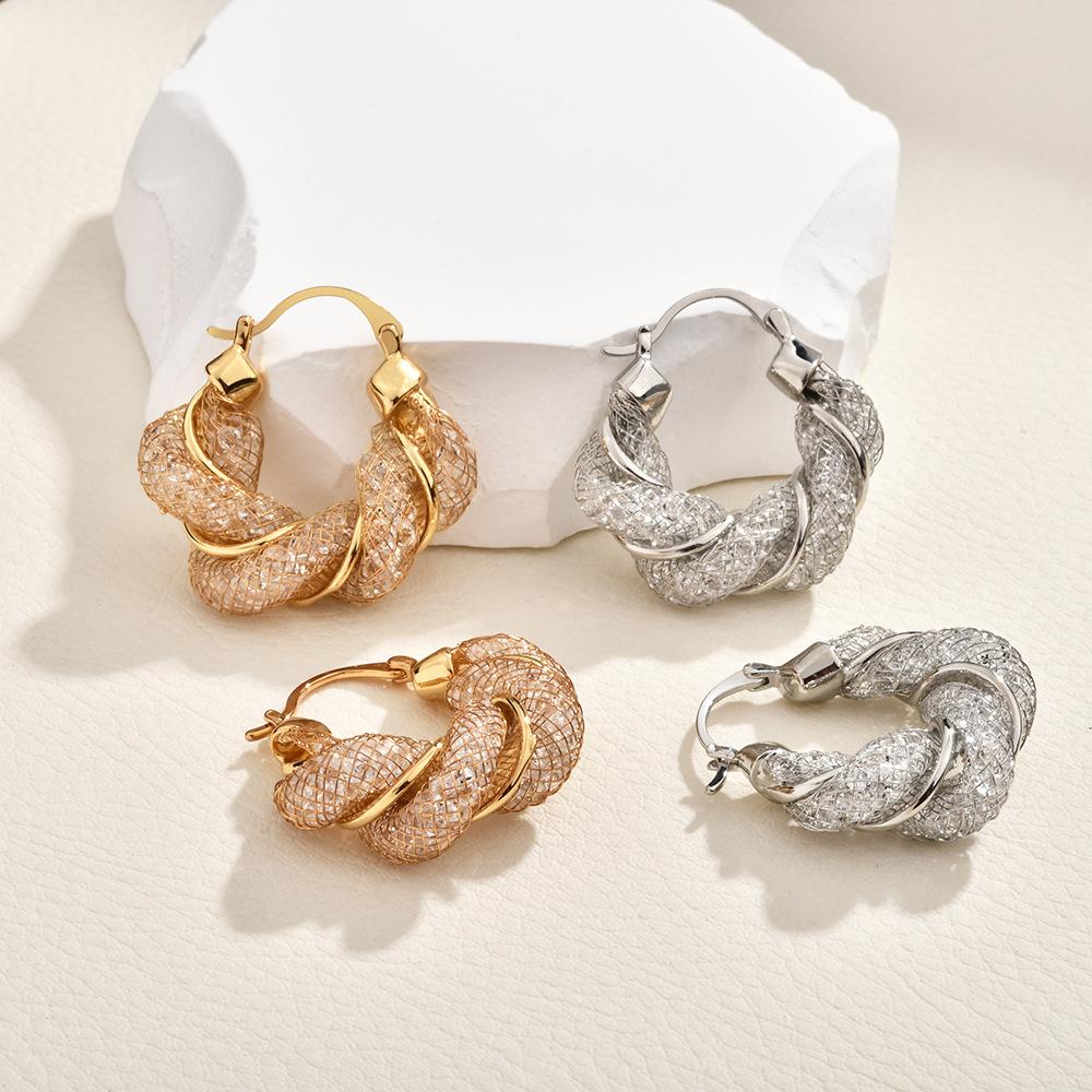 2026 Sparkling Mesh Zircon Twisted Hoop Earrings - Elegant Braided Hollow Ear Buckles for Women High-End Fashion Jewelry