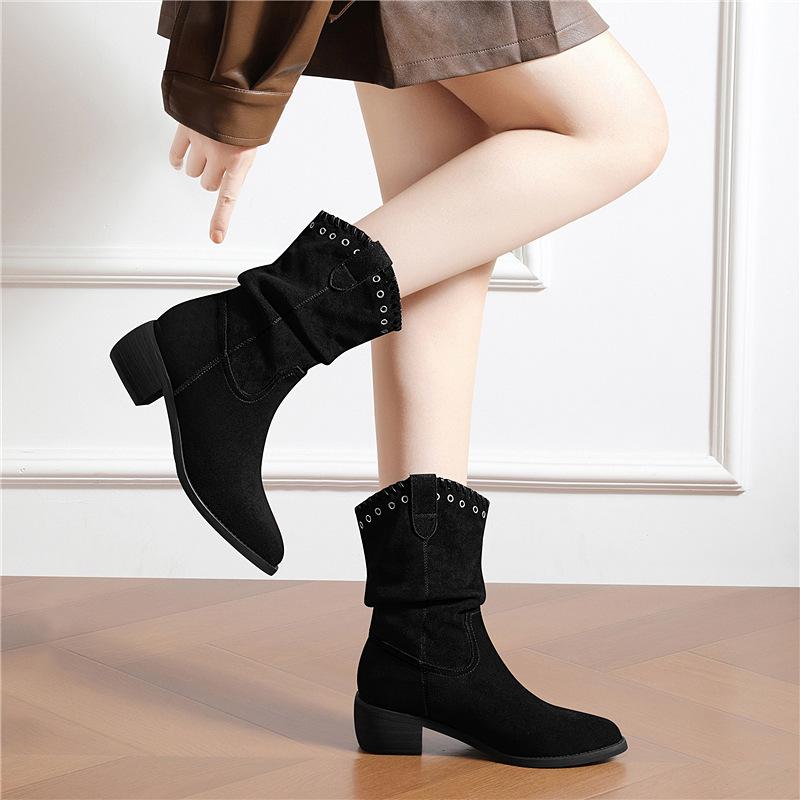 

New thick heel thick sole pointed tip pleated piled boots autumn and winter new versatile temperament velvet short boots cotton shoes 34