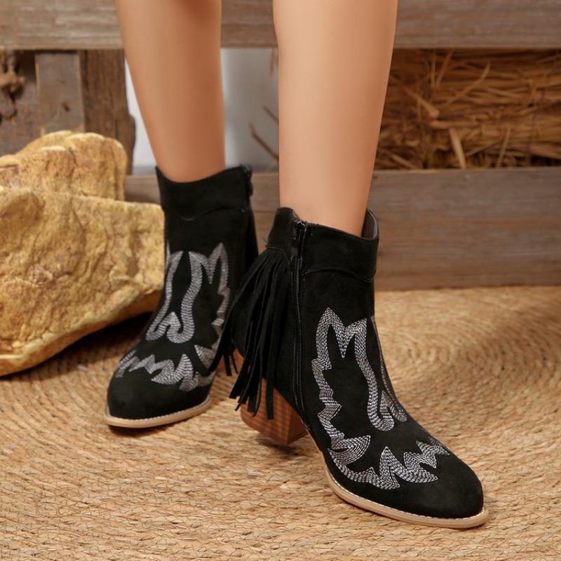 Plus Size Printed Side Zipper Knight Boots Fall and Winter New Fringed High Heels Low Top Wear Women's Boots