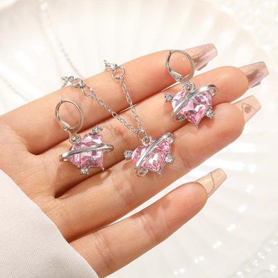 3Pcs Sweet Love Rhinestone Necklace Earring Set Sweet Romantic Pink Zircon Pendant Necklaces Exquisite Choker Trendy Aesthetic Jewelry Gift