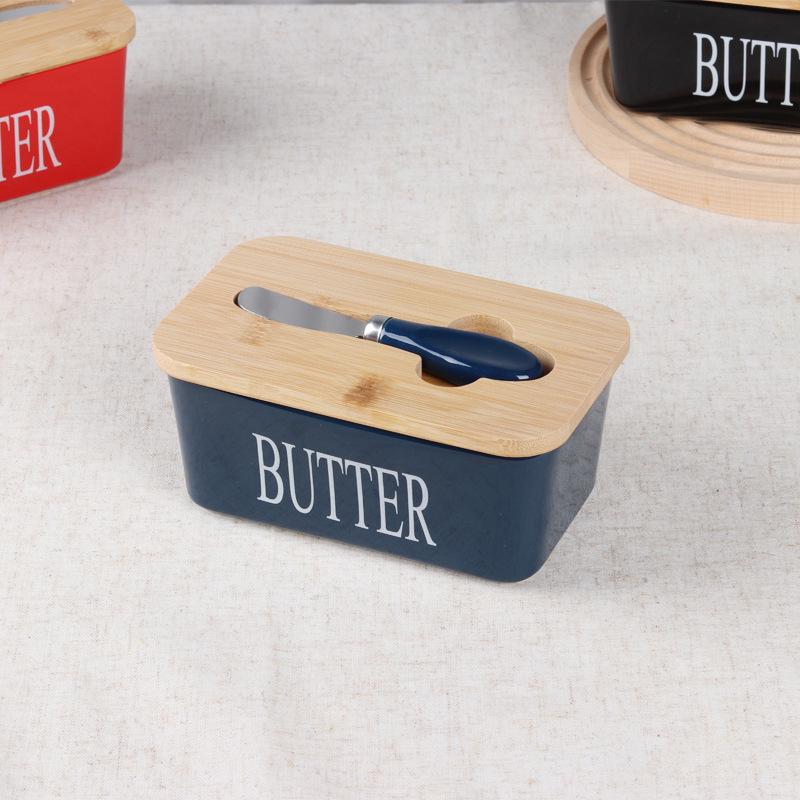 Large Ceramic Butter Dish with Wooden Lid and Knife
