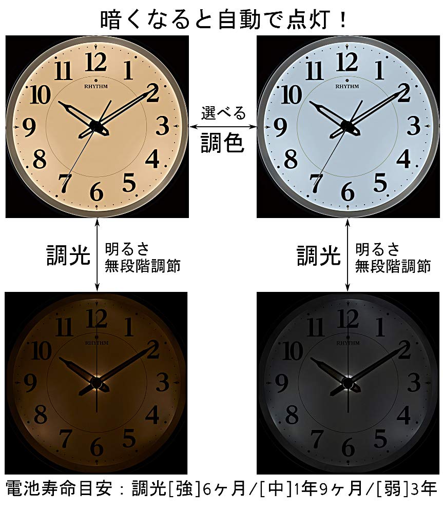RHYTHM Wall x Continuous Second Automatic Backlight Dimmable 8MY533SR03 Clock, White, 33.2 5.4cm, Radio-controlled, Analog, Hand, (In Dark), Color,