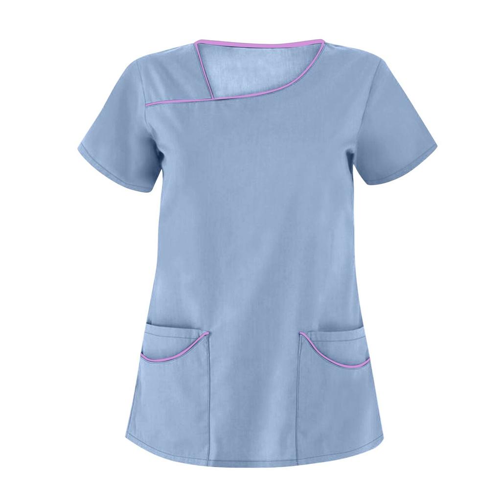 Women's Fashion Solid Short Sleeve Pattern Tops Pocket Working T-shirts