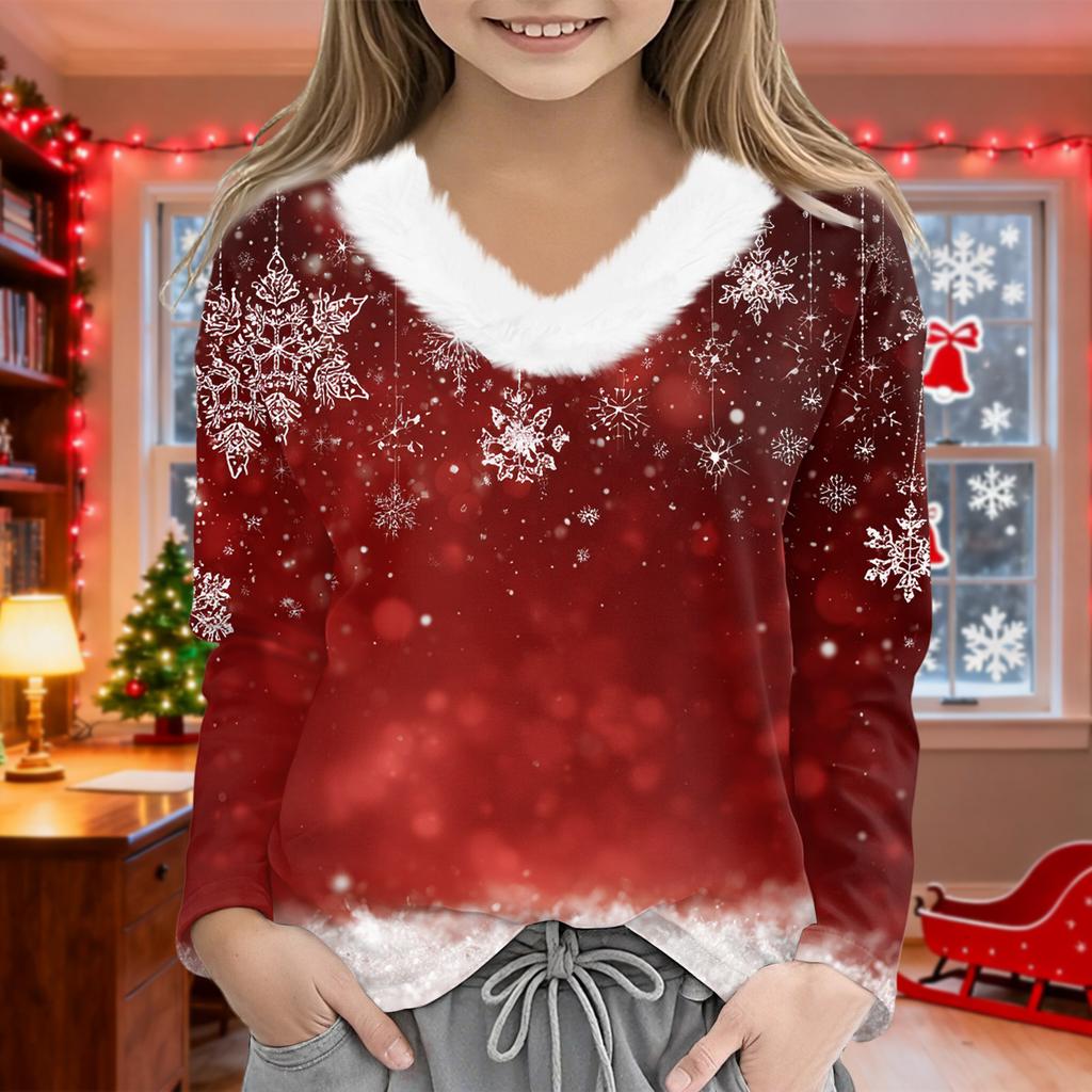 Christmas Day Girls Long Sleeve T Shirts Kids  Girls' V-Neck Tee Christmas Print Long Sleeve Top