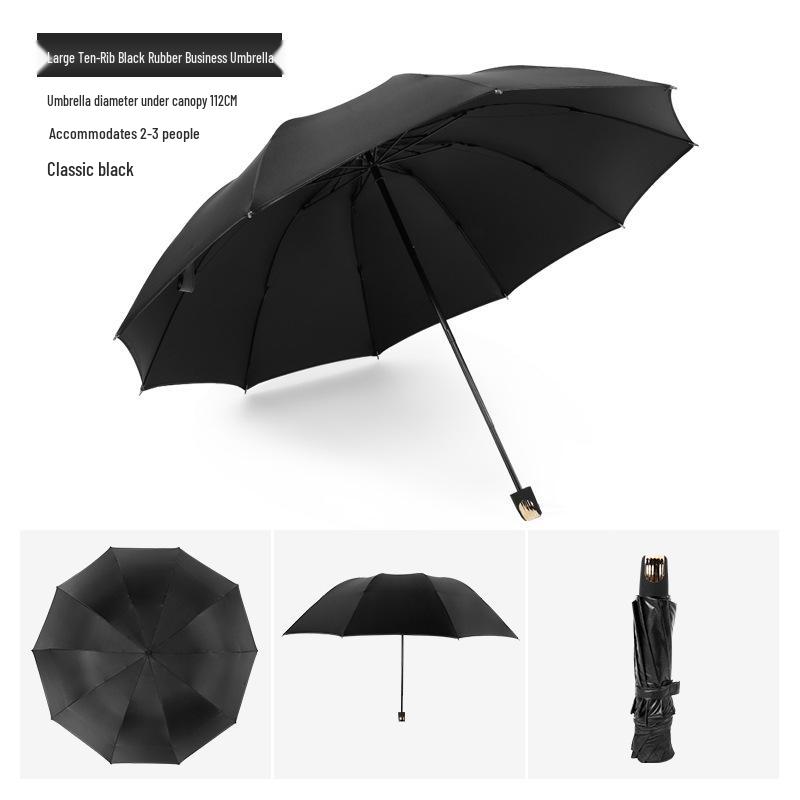 Black Reinforced Folding Umbrella, Sun & Rain Protection, Solid Color, Three-Fold, Fits 1-2 People, Ideal for Business Men & Women.